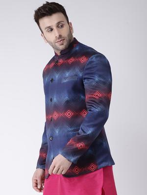 blue printed bandhgala casual blazer - 17063763 - Standard Image - 2