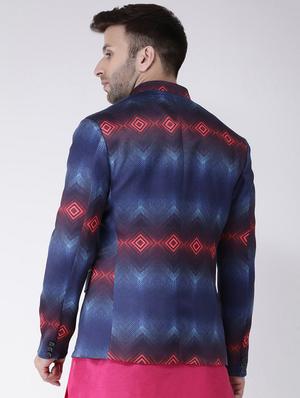 blue printed bandhgala casual blazer - 17063763 - Standard Image - 3