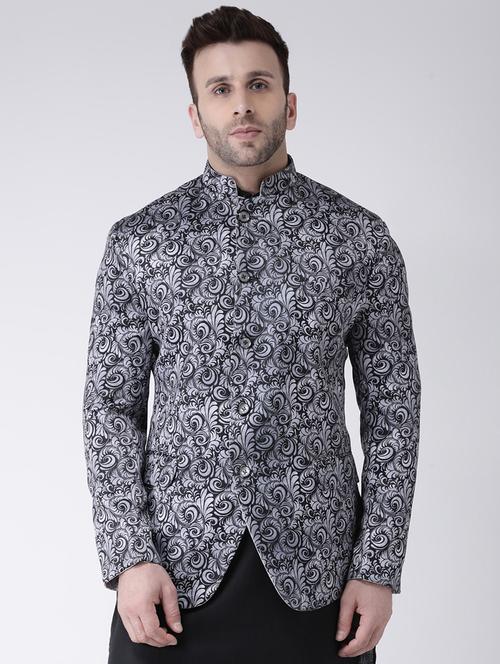 grey printed bandhgala casual blazer - 17063765 - Standard Image - 1
