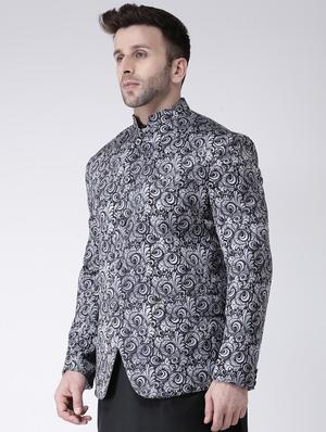 grey printed bandhgala casual blazer - 17063765 - Standard Image - 2
