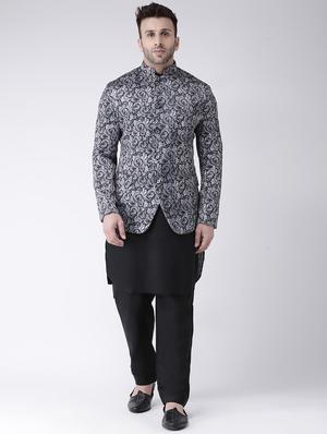 grey printed bandhgala casual blazer - 17063765 - Standard Image - 4