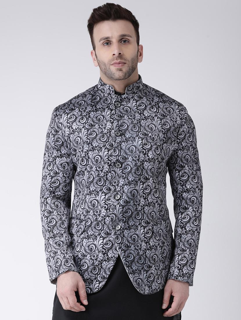 grey printed bandhgala casual blazer - 17063765 - Zoom Image - 1