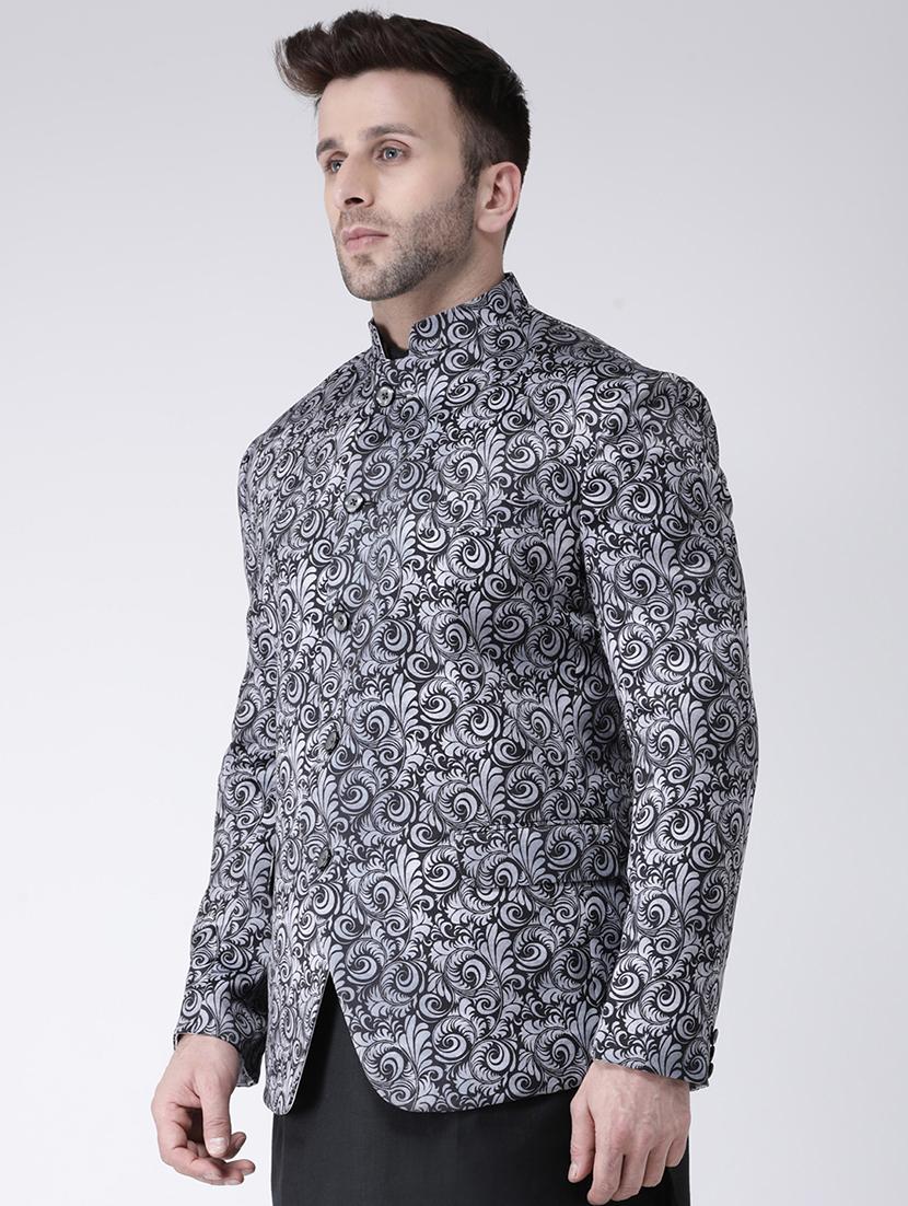 grey printed bandhgala casual blazer - 17063765 - Zoom Image - 2