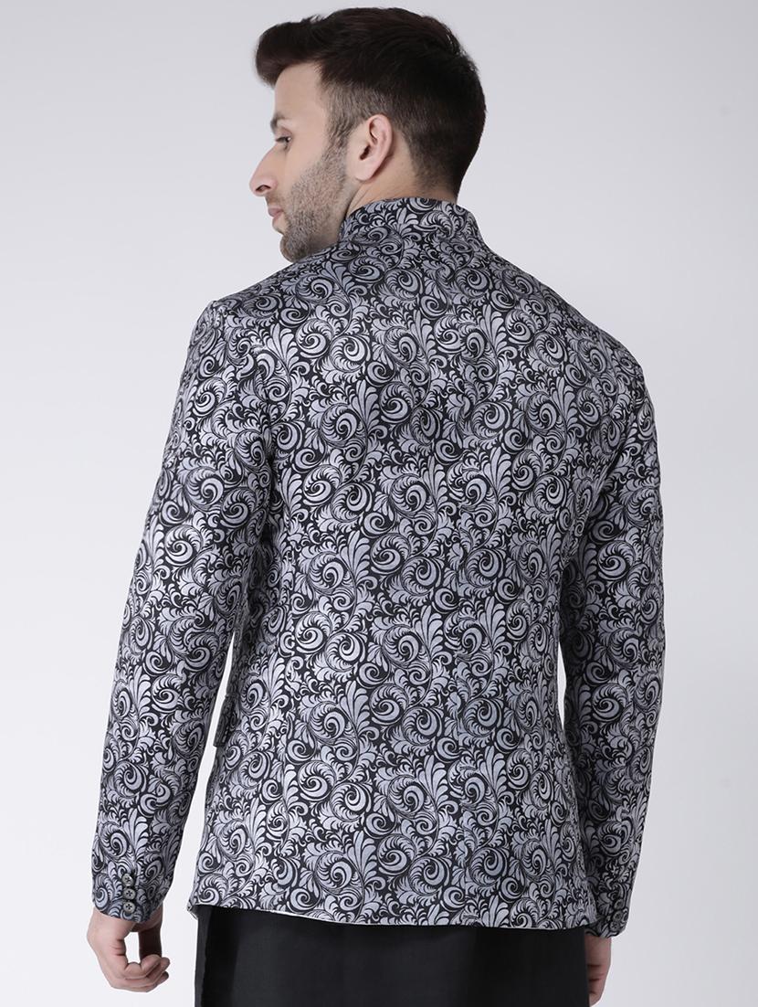 grey printed bandhgala casual blazer - 17063765 - Zoom Image - 3