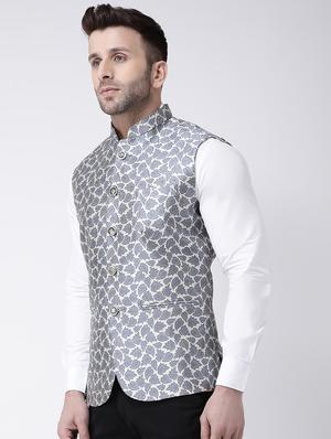 grey printed nehru jacket - 17063770 - Standard Image - 2