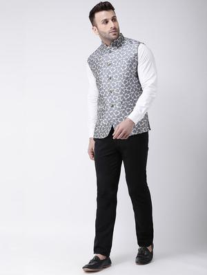 grey printed nehru jacket - 17063770 - Standard Image - 4