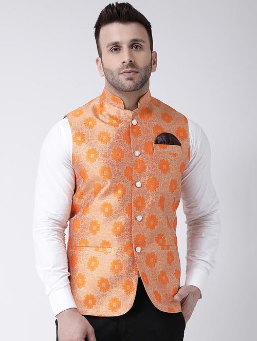 orange jacquard nehru jacket - 17063773 - Very Small Image - 1