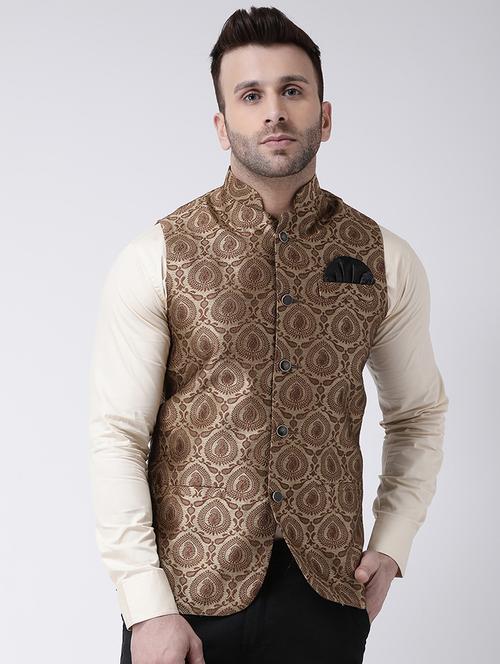 brown jacquard nehru jacket - 17063774 - Very Small Image - 1