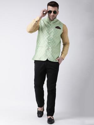 green brocade nehru jacket - 17063806 - Standard Image - 4