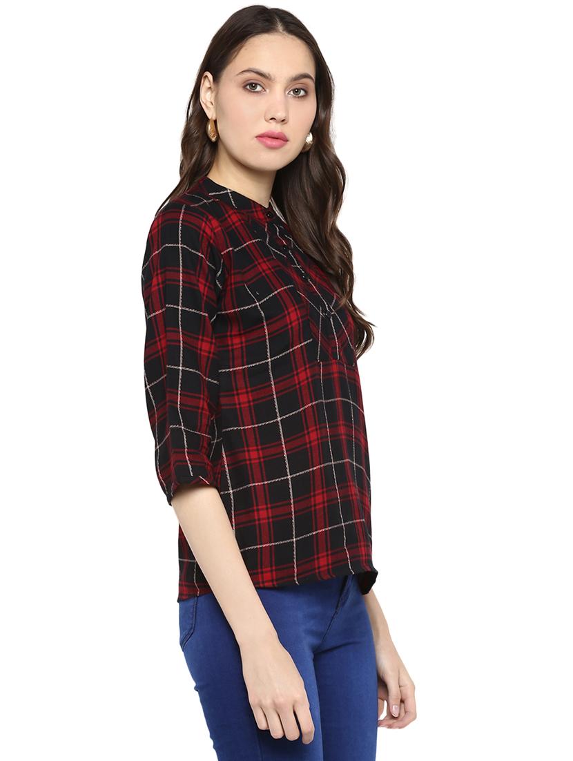 mandarin neck checkered top - 17064492 - Zoom Image - 2