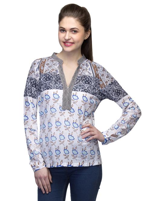 mandarin neck printed top - 17064549 - Standard Image - 1