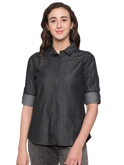 curved hem denim shirt - 17065624 - Standard Image - 1