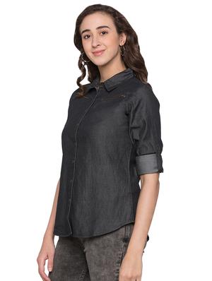 curved hem denim shirt - 17065624 - Standard Image - 2