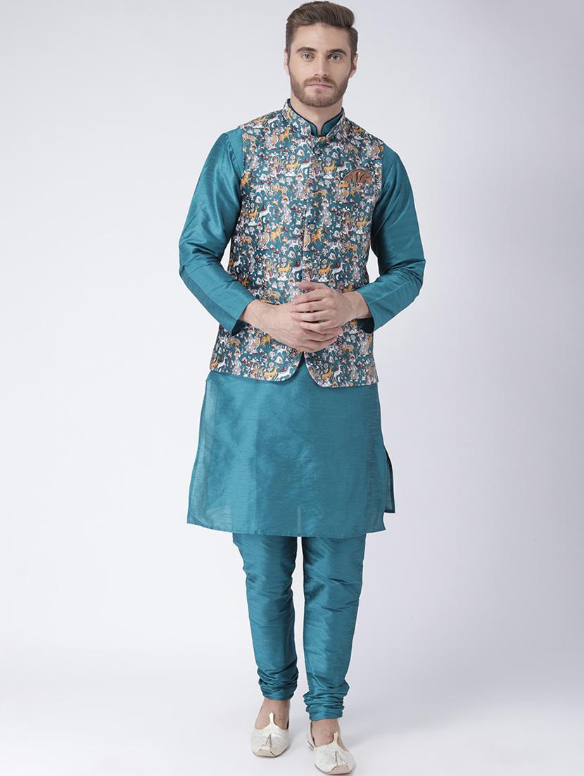 blue silk blend kurta pyjama ethnic wear set - 17078151 - Zoom Image - 1