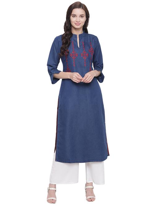 embroidered denim straight kurta - 17080748 - Very Small Image - 1