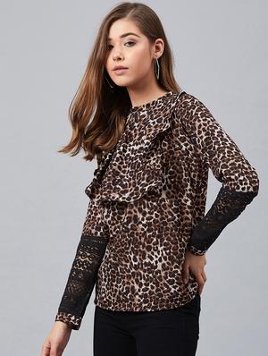 laced sleeves panel animal print top - 17080785 - Standard Image - 2