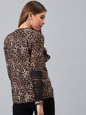 laced sleeves panel animal print top - 17080785 - Standard Image - 3