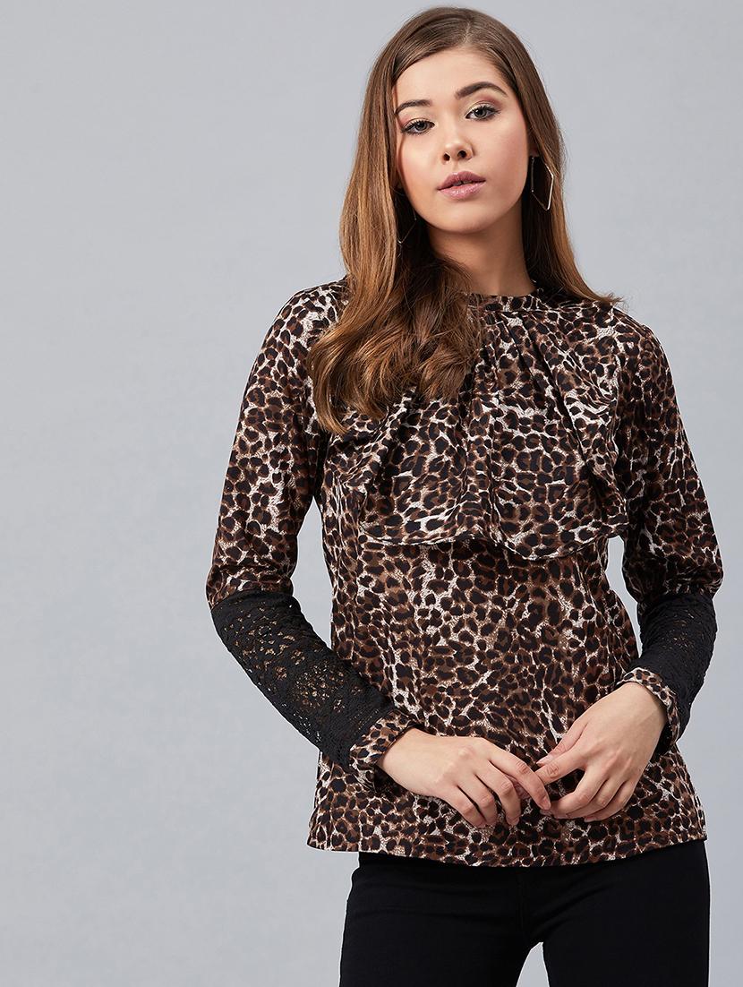 laced sleeves panel animal print top - 17080785 - Zoom Image - 1