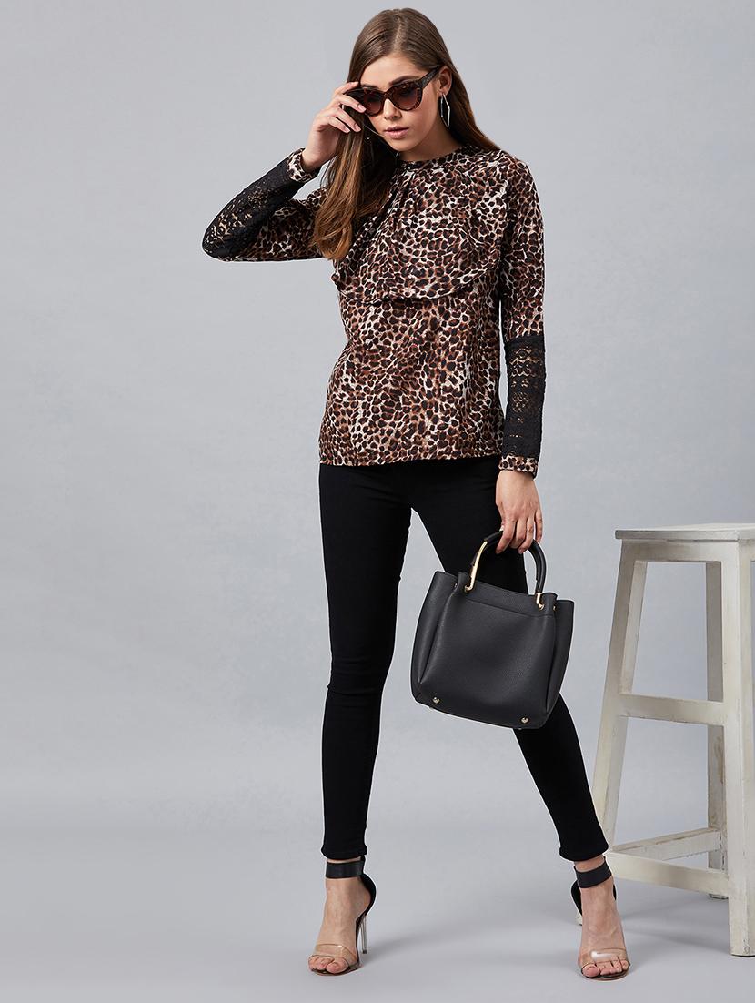 laced sleeves panel animal print top - 17080785 - Zoom Image - 4