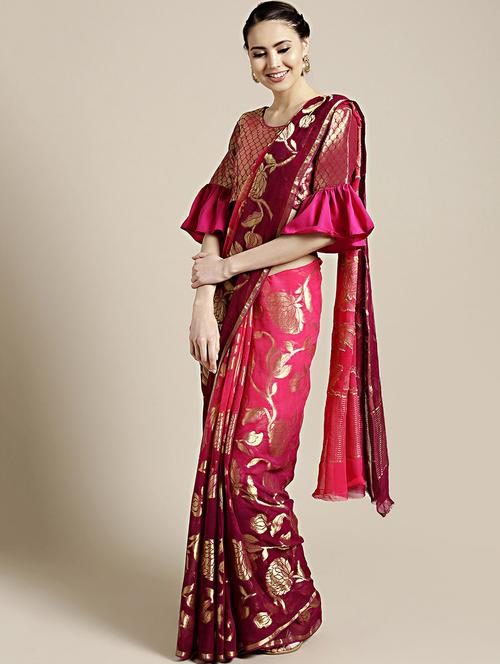 floral woven saree with blouse - 17083906 - Standard Image - 1
