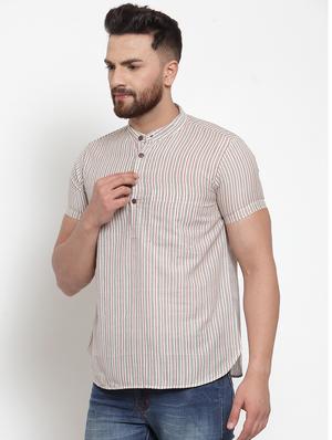 beige striped short kurta - 17088831 - Standard Image - 2
