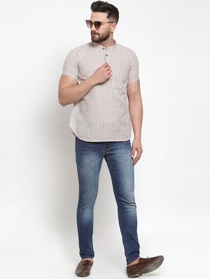 beige striped short kurta - 17088831 - Standard Image - 4