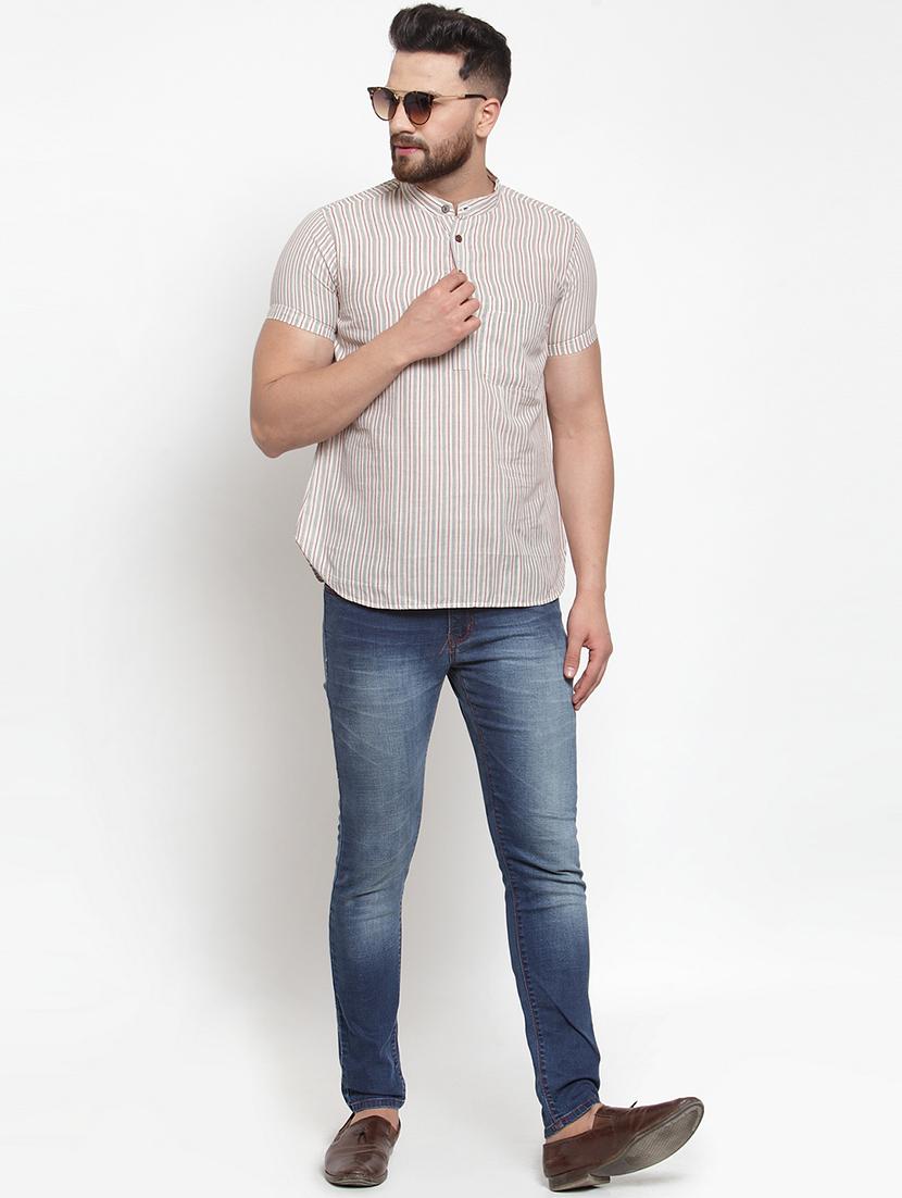 beige striped short kurta - 17088831 - Zoom Image - 4