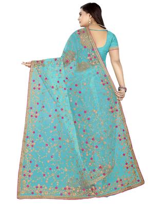 sky blue net embroidered saree with blouse - 17089048 - Standard Image - 2