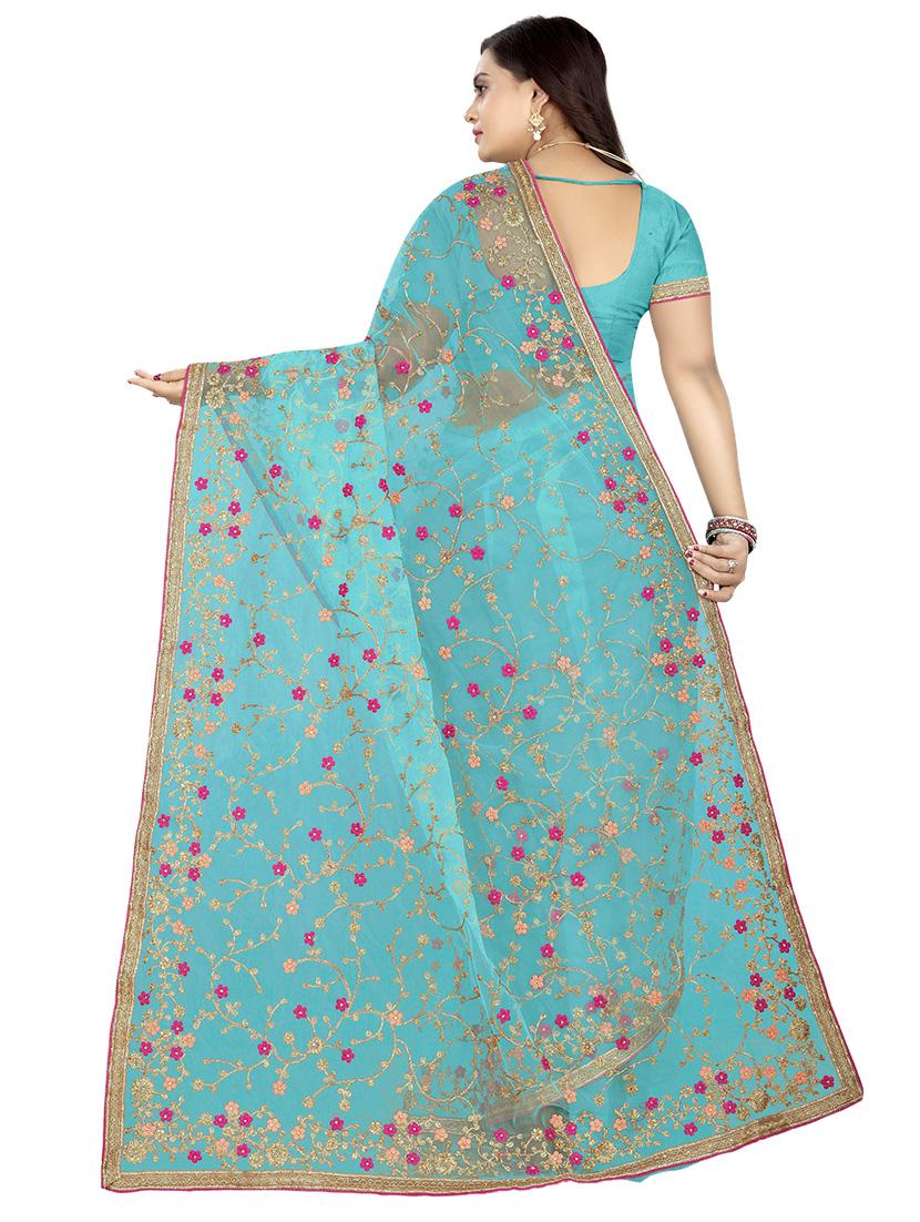 sky blue net embroidered saree with blouse - 17089048 - Zoom Image - 2