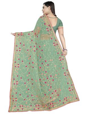 olive. net embroidered saree with blouse - 17089050 - Standard Image - 2