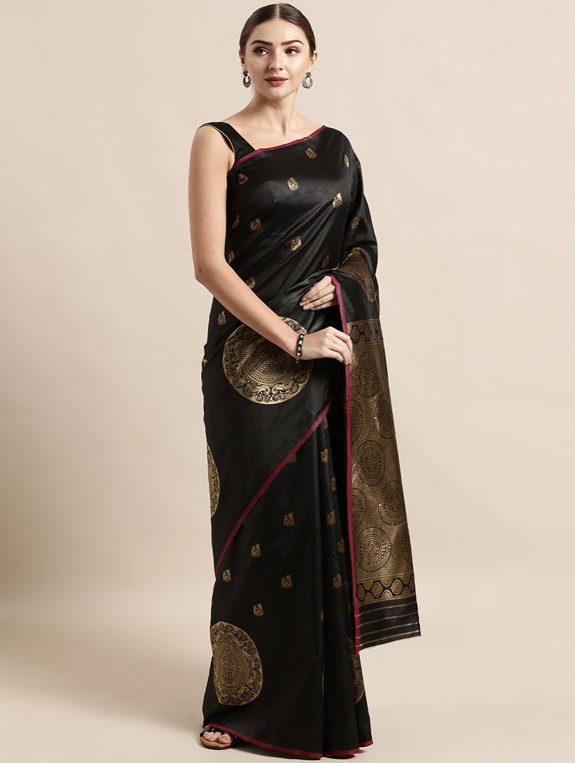 black silk blend banarasi saree with blouse - 17089980 - Zoom Image - 1