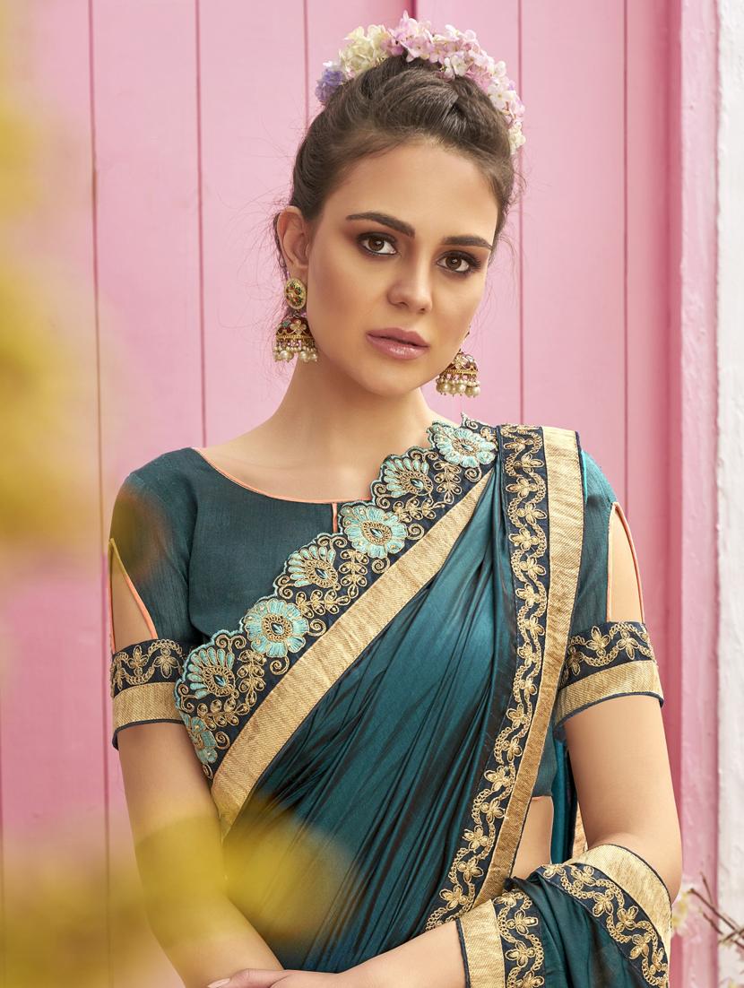 embroidered half and half saree with blouse - 17091265 - Zoom Image - 2