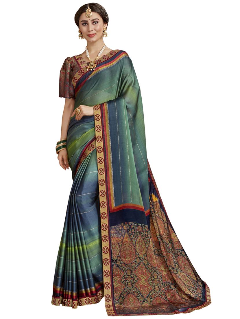 turquoise chiffon printed saree with blouse - 17091479 - Zoom Image - 1