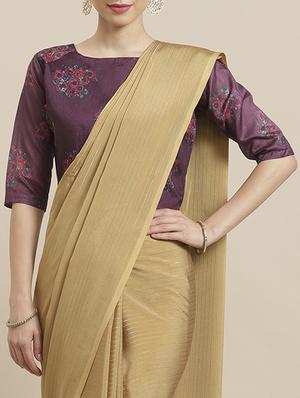 striped plain saree with blouse - 17092042 - Standard Image - 3