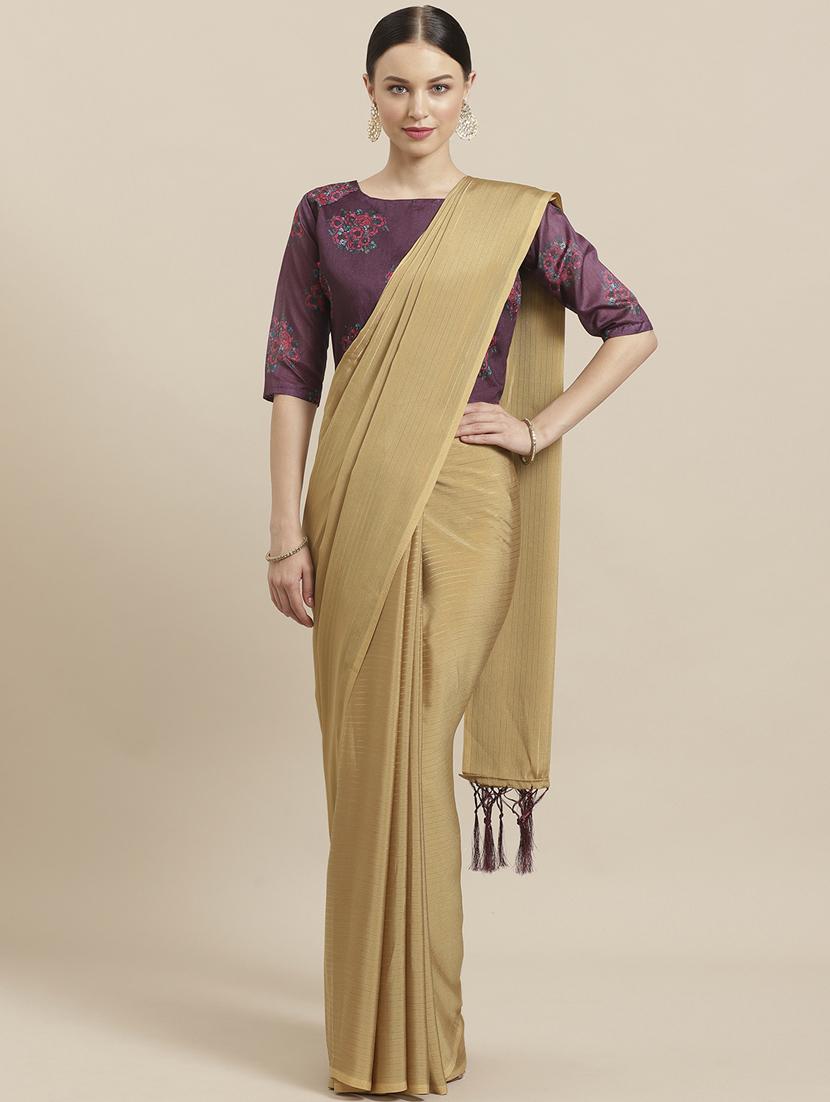 striped plain saree with blouse - 17092042 - Zoom Image - 1