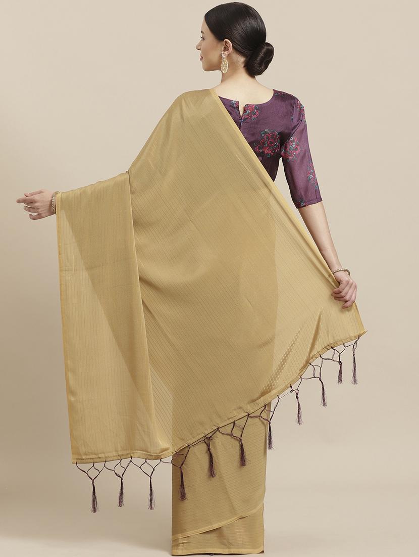 striped plain saree with blouse - 17092042 - Zoom Image - 2