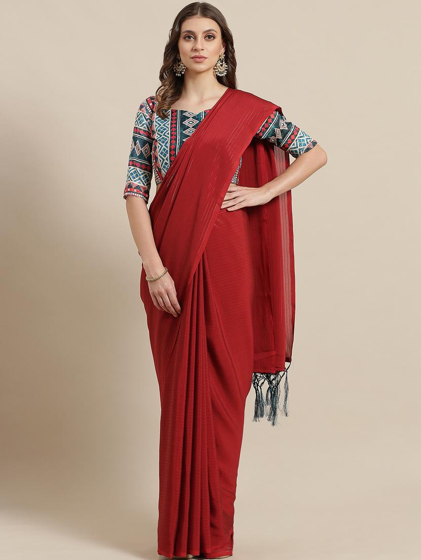 striped plain saree with blouse - 17092043 - Zoom Image - 1