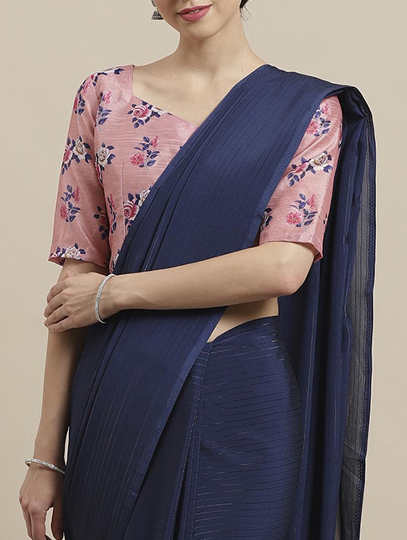 striped plain saree with blouse - 17092044 - Zoom Image - 3