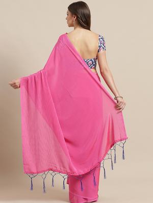 striped plain saree with blouse - 17092045 - Standard Image - 2