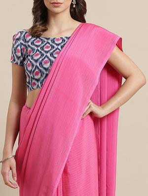 striped plain saree with blouse - 17092045 - Standard Image - 3