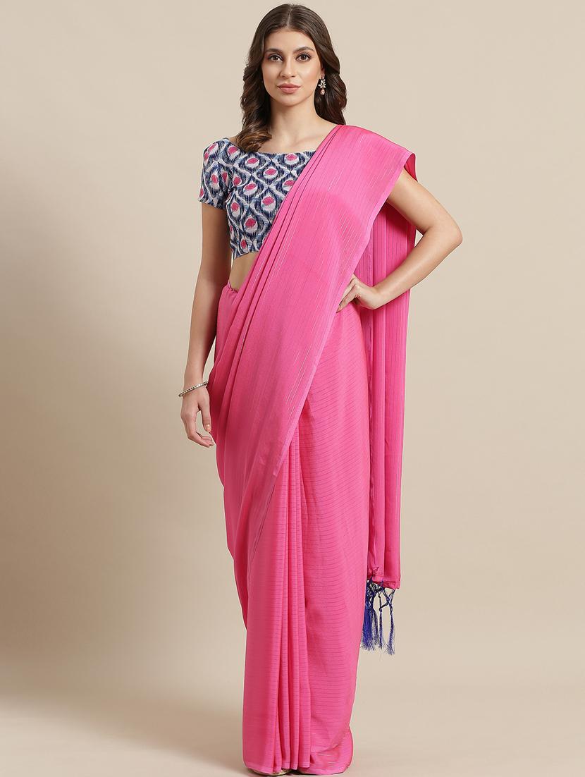 striped plain saree with blouse - 17092045 - Zoom Image - 1