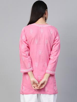 ada hand-embroidered onion pink cotton chikankari straight kurti - 17092960 - Standard Image - 3