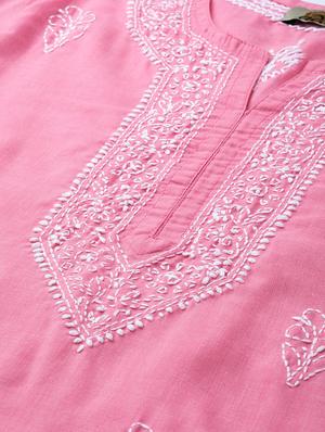 ada hand-embroidered onion pink cotton chikankari straight kurti - 17092960 - Standard Image - 5