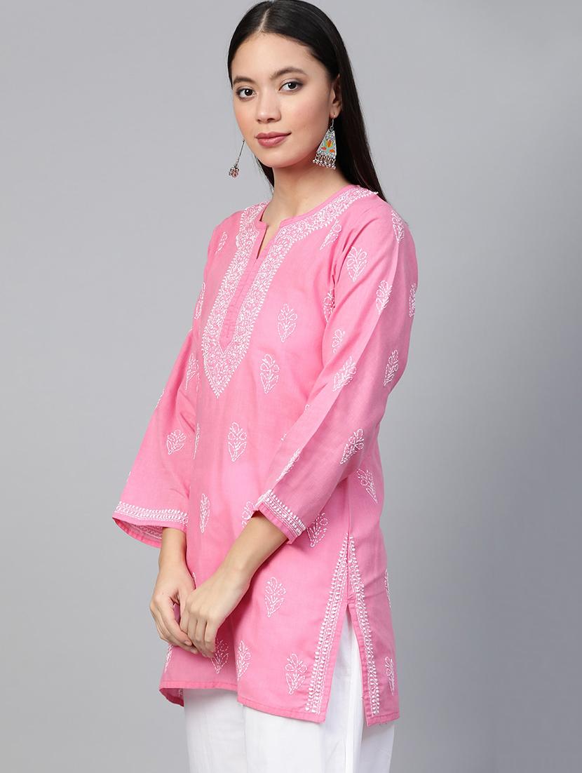 ada hand-embroidered onion pink cotton chikankari straight kurti - 17092960 - Zoom Image - 2