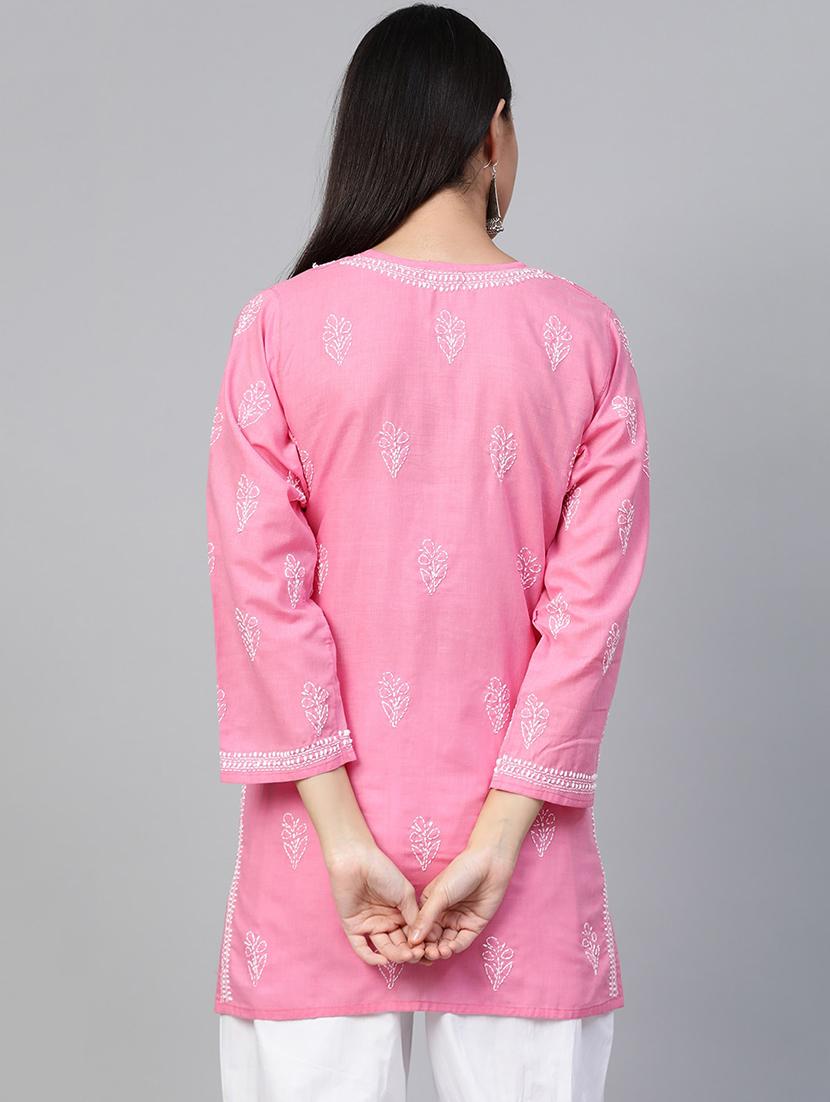 ada hand-embroidered onion pink cotton chikankari straight kurti - 17092960 - Zoom Image - 3