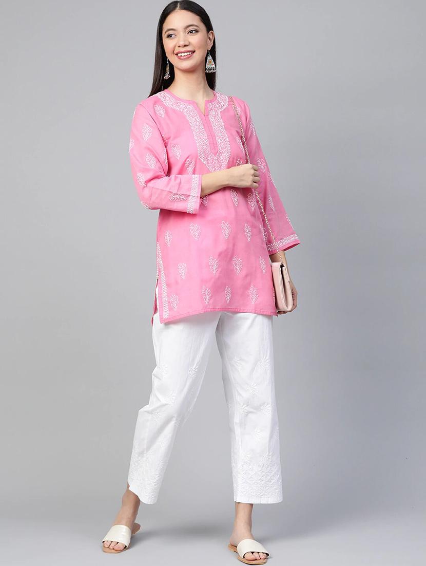 ada hand-embroidered onion pink cotton chikankari straight kurti - 17092960 - Zoom Image - 4