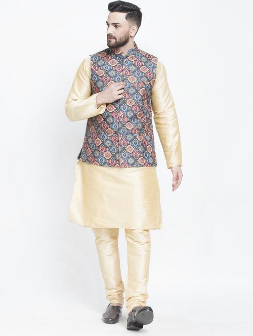 beige solid silk blend kurta pyjama set with blue printed nehru jacket - 17095305 - Very Small Image - 1