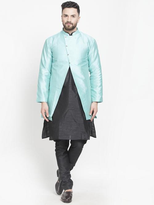 blue jacquard silk blend sherwani set - 17095351 - Standard Image - 1