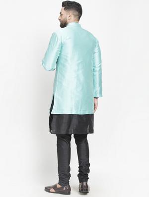 blue jacquard silk blend sherwani set - 17095351 - Standard Image - 3