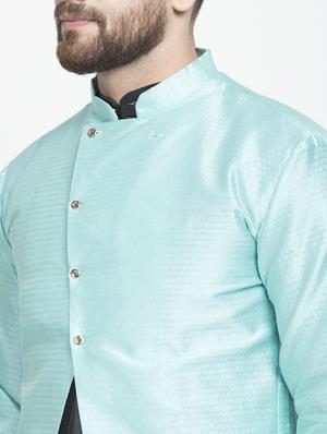 blue jacquard silk blend sherwani set - 17095351 - Standard Image - 4